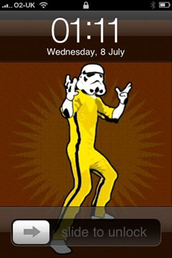 An iPhone wallpaper image that has Bruce Lee's body with a Star Wars Stormtrooper's head and arms.