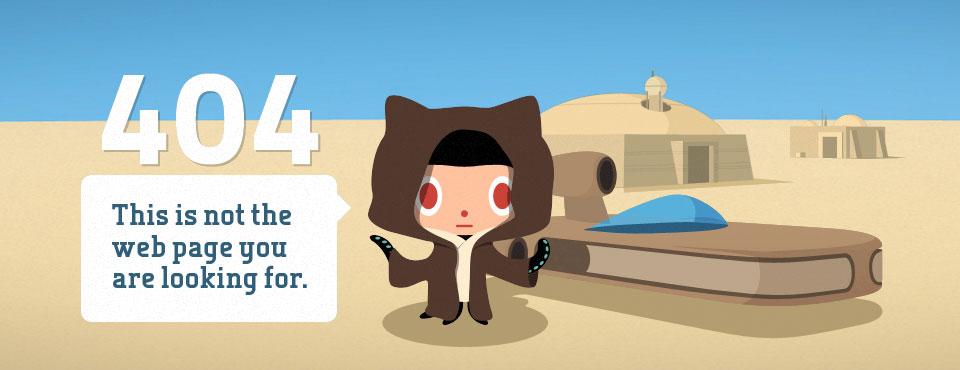 A cropped version of the GitHub 404 page banner showing it's Octocat character dressed as ObiWan from Star Wars in a desert scene in front of a land speeder and hut.