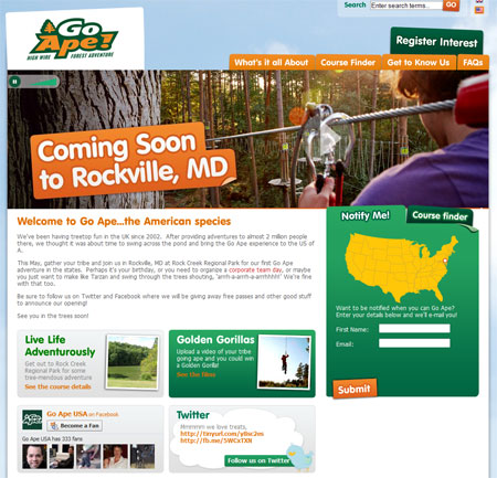 A screenshot of the Go Ape US homepage