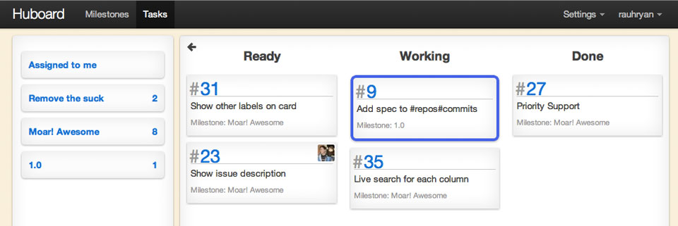 A screenshot of the Huboard tool showing a Kanban board.