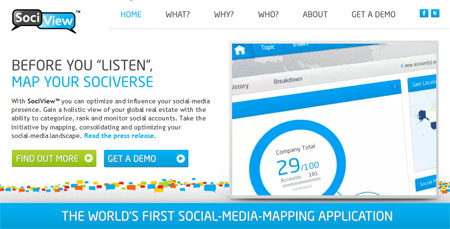 A screenshot of the SociView homepage, a social media mapping application by Volume