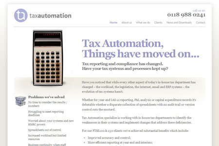 A screenshot of the Tax Automation website homepage