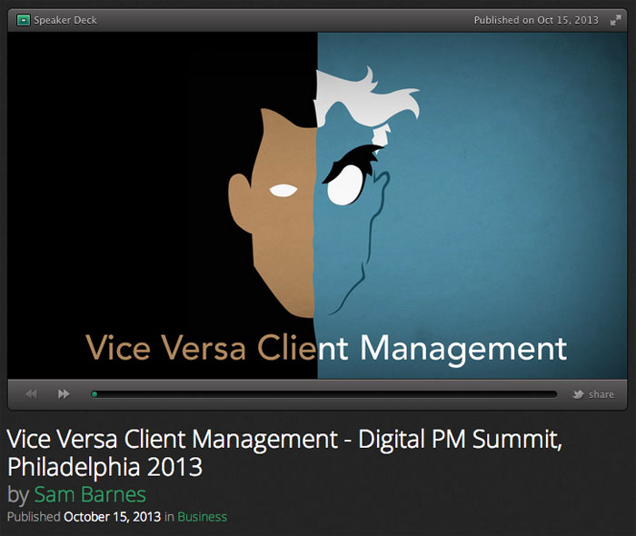 A screenshot of my Vice Versa Client Management slide's first slide.