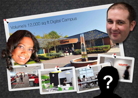 A image of Volume's digital campaus with Sam and his colleague's head cut out and added over the top, with one blank image with a question mark