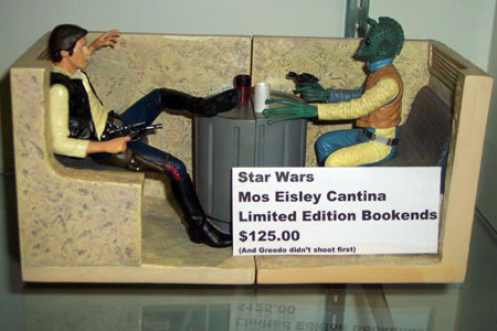 Toy figures re-creation of the Han Solo and Greedo scene from Star Wars