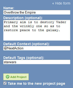 A screenshot of the GTDify add Project UI with a spoof creation of Star Wars as a project