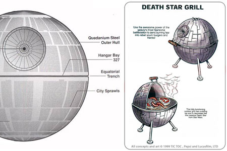 A detailed Death Star schematic and a Death Star themed BBQ grill.