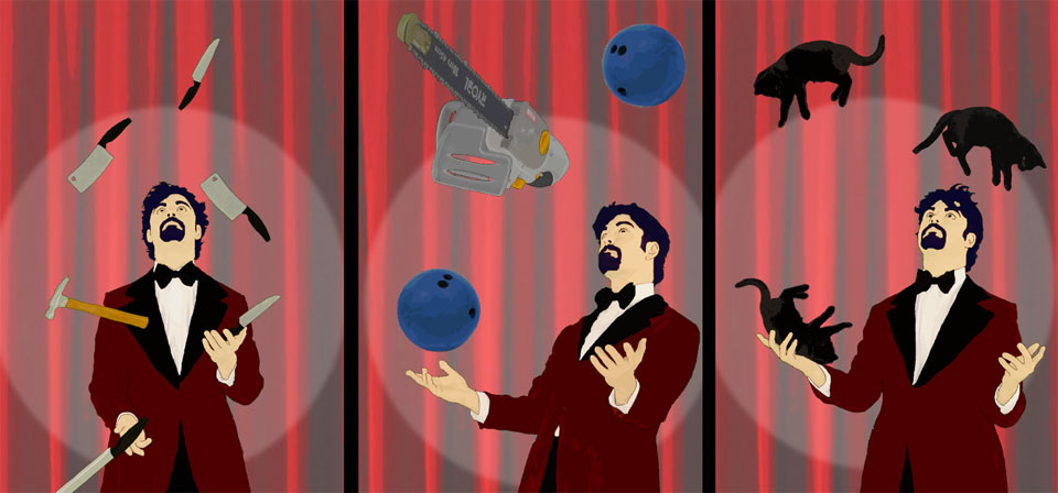 An illustration of a juggler in three sequential pictures, first juggling knives, then a chainsaw and bowling balls and finally three black cats.