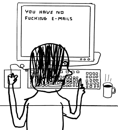 An on purpose bad illustration of a man sat at a computer with the screen saying you have no fucking e-mails